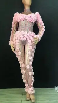 Nové Sexy Dj Růžový Květ Krystaly Kombinézu Kostým Večera Kombinéza Oslavovat Strana Nosit Zpěváka Jevištní Výkon gogo kostýmy