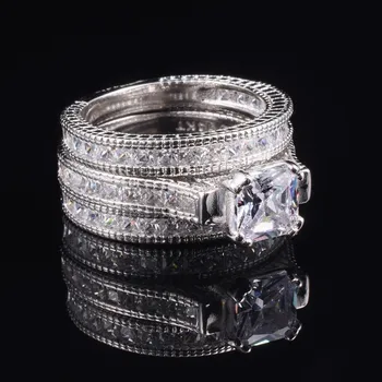 Luxusní 15ct Princezna-cut Simulované Diamond Kroužky Sady 3-v-1 Vintage Zásnubní Snubní Prsteny Pro Ženy 14K Bílé zlato Šperky