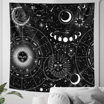 Černá a bílá slunce, měsíc domácí umění dekorativní tapiserie psychedelické scény Hippie Bohémské dekorativní Datura list pohovka deku