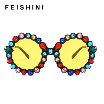 Feishini Festivalu Nádherné Ženy, sluneční Brýle Kulaté Hip Hop Crystal Diamond Ručně vyráběné Červené UV400 Čočky Flower Design Letní Brýle