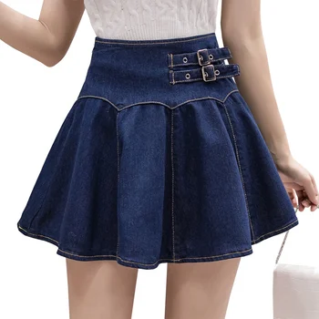 Nové Letní Ženy Ležérní Korejský Styl Tmavě Modrá Vysoký Pasu Skládaný Džínové Sukně Dámy Streetwear Vintage Krátké Džíny Mini Sukně