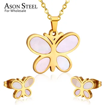 ASONSTEEL Motýl Shell z Nerezové Oceli 316L, svatební Svatební Šperky Sady pro Ženy 2019 Náhrdelník s Přívěskem Malé Stud Náušnice