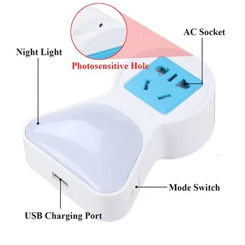 9LED Plug-in Noční Světlo Senzor Pohybu Lampa USB AC100-240V Zásuvky Multi-funkční čidlo zásuvka noční světlo, bílá/Teplá Bílá