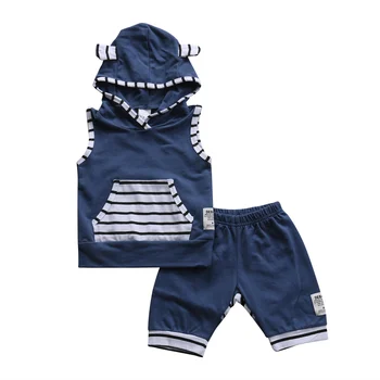 2ks/Set Rozkošný Letní Novorozené Dítě chlapci Kojenecká s Kapucí Topy+Pruhované šortky Oblečení Oblečení 0-3y