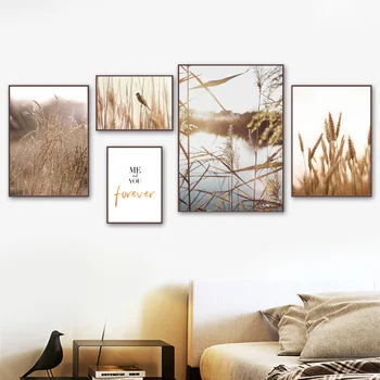 Příroda Reed Pšenice Pták, Západ Slunce, Krajina Wall Art Malířské Plátno Nordic Plakáty A Tisky Zeď Obrázky Pro Obývací Pokoj Dekor