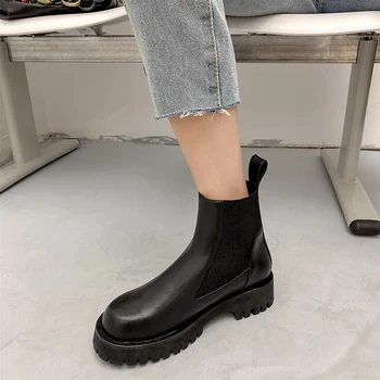 ISNOM Nové gumičkou Chelsea Boot Skutečné Ženy Kožené Kotníkové Boty Ploché Boty na Platformě Žena Boty Ženy Skluzu Na Boty Dámy