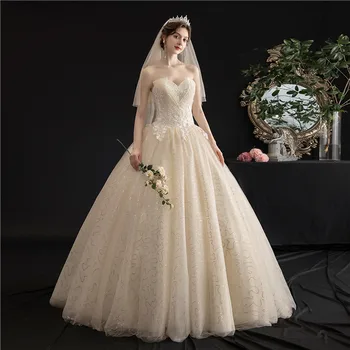 Bez Ramínek Svatební Šaty Roku 2021 Nové Šampaňské Krajky Ples Šaty Vintage Princezna Výšivka Svatební Šaty H103