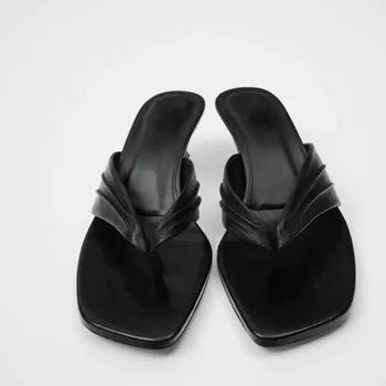 2020 nové Letní Dámské Pantofle ČERNÉ SKLÁDANÝ Dekorativní Vysoké podpatky Ovčí kůže Sandály žabky Ženy, Přezůvky venkovní