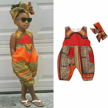 Dětská Letní Rompers Africký Styl Dítě Dítě Dívky Dítě Kombinéza Oblečení Batole Dupačky s Čelenkou Oblečení Set 1-5T