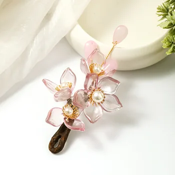 1 ks Vintage Cherry Blossom Starožitný Vlasy Klipy Hanfu Nevěsta Svatební Vlasy Šperky Handmade 12 cm Vlasy klip