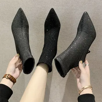 Dámské boty Evropského stylu 2019 podzimní módní flitry ukázal elastické punčochy boty jehlové ženy společenské vysoký podpatek boty