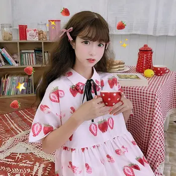 20 Lolita Šaty ženy letní Japonské roztomilé jahoda tisk panenka sukně, volné tričko s krátkým rukávem šaty roztomilý