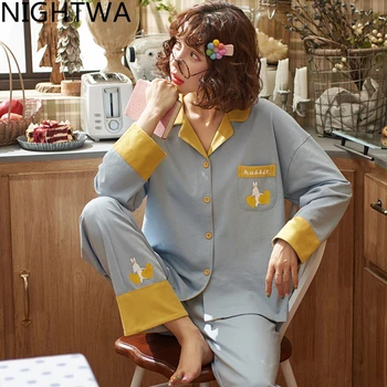 NIGHTWA 2020 Zimní Kreslený Tisk Bavlněné Pyžamo Žena Svetr Dlouhý Rukáv oblečení na Spaní Oblek Domů Nosí Plné Délce Pijama nové