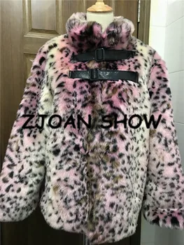 2019 Zimní Límcem Chlupatý Shaggy Umělé Kožešiny Leopardí Kabát Růžové Vintage Dlouhý rukáv Chlupaté Umělé Kožešiny Dámské Bundy Volné Svrchní oblečení