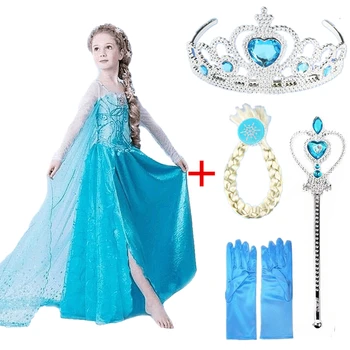Disney Frozen šaty Dívka Elsa Anna Kostým s Vlasy Příslušenství Sada Modré Krajkové Dlouhé Rukávy Dítě Zdobené Děti Cosplay šaty