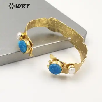 WT-B565 Ženy mosaz cuff náramek v zlata eletroplated doubledouble druzy quartz a perly šperky náramek nastavitelné manžety náramek