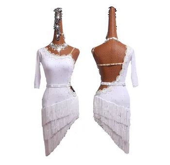 Drahokamu Latinské Taneční Šaty, Ženy 2019 Nové Módní Bílé Výšivky Šikmé Třásněmi Sukně Výkon Oblečení Plesové Šaty