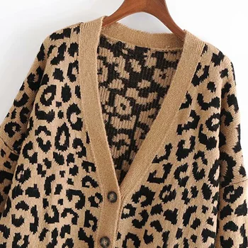 Podzimní a zimní dámské ležérní leopard tisk V-neck s dlouhým rukávem loose svetr svetr