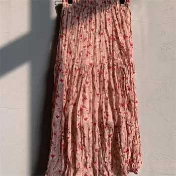 Vintage Šifon Květinové tištěné Skládaný Midi Sukně Dámské Elastické Vysokým Pasem Dlouhá Sukně Letní Elegantní Ženské Spodní Streetwear