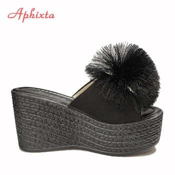 Aphixta Hairball 3.54 palce/9 cm Klín Paty Mule Černá Skluzavky Pláž Platforma Ženy, Přezůvky Ženy Sandály Clog Boty Ženy