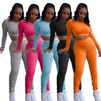Skládaný Kalhoty Sady Ženy Spadnout Oblečení 2020 Dlouhý Rukáv Crop Top A Kalhoty Sexy Jednobarevné Oblečení Dvoudílné Sady