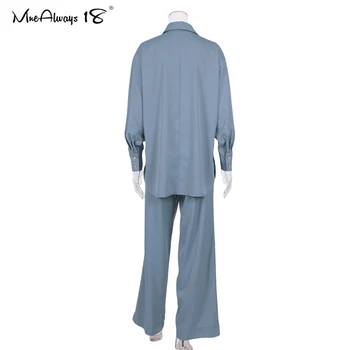 Mnealways18 Vintage Plain Modrá 2 Kus Sady Ženy Volné Košile A Široké Kalhoty Nohy Úřadu Práce, Obleky, Kalhoty, Sety Žena Na Jaře