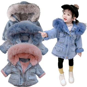 2020 winter girls oblečení baby kabát dívky kožešinovým límcem bunda zimní podzimní dětské oblečení, plyšové džínové dětské kabát