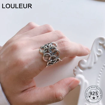 LouLeur Skutečné Retro 925 Sterling Silver Prstenů, Vintage Kruh Široký Prsten pro Ženy Ležérní Office Party Kroužek Módní Stříbrné Šperky