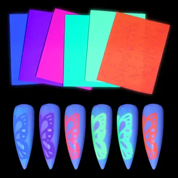 Nail Art Deco Samolepky Exploze Barva fluorescenční Světelný Laser Butterfly Nálepka Samolepící Aurora obtisky 6 barev set