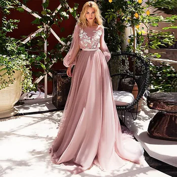 Eightree Růžová Svatební Šaty 3D Krajky Nášivky svatební Šaty A-Line Puff Dlouhé Rukávy Svatební Šaty Boho Vestido De Noiva