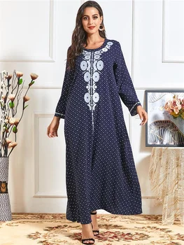 Siskakia Vintage Etnické Vyšívané Maxi Šaty Plus Velikosti Navy Modrá Dlouhý Rukáv Muslimské Turecko arabské Oblečení pro Ženy Spadnout 2020