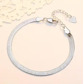 Korejský Minimalistický Real 925 Sterling Silver Snake Plochou Čepelí Kouzlo Řetězce Náramek pro Ženy Strana Šperky Dárek k Narozeninám