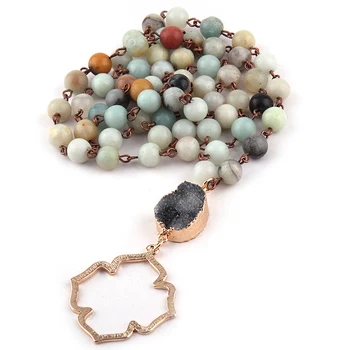Módní Bohemian Tribal Šperky Korálky Halsband Amazonit Kameny Přírodní Druzy Květ Života, Přívěsek, Náhrdelník