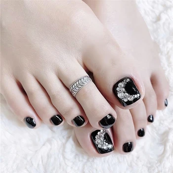 Black čisté barvy s diamantovým měsíc vzor 3d zdobené umělé nehty na prst letní roztomilé nehty krátké velikost lady plné nehtové tipy