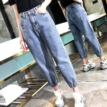 Oversize vysokým pasem džíny elastické volné korejské JEANS dámské boyfriend kalhoty, ženy plus velikost nadrozměrných džíny žena kalhoty 2019